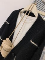 여성용 블랙 스트라이프 V넥 재킷, 고급 레이지 스타일 아우터웨어, 니트 카디건 스웨터 2025년 신상품 초가을 - 이미지 3