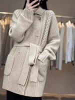 스웨터 니트 카디건 여성 2025 가을 신상 패션 디자인 정장 칼라 두꺼운 중간 길이 니트 코트 - 이미지 2