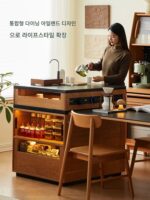 Xizhi 체리 나무 섬 식탁 통합 다기능 가정용 소형 아파트 단단한 나무 접이식 바 테이블 록 보드 식탁 - 이미지 5