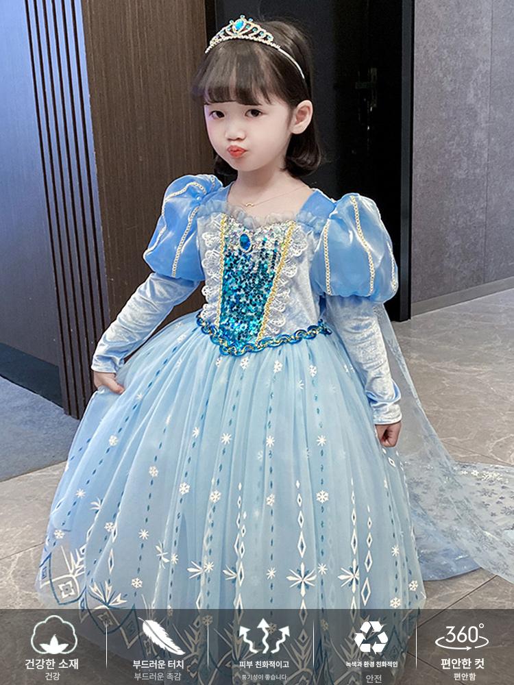 main_774758027331_0 엘사 공주 드레스 봄과 가을 여아용 새로운 아이샤 디즈니 오리지널 트레일링 어린이 생일 아이샤 여아용 드레스 - 이미지 1