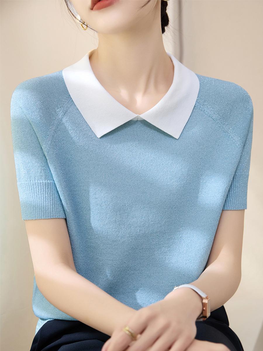 main_780427718247_0 여름 라펠 반짝이 실크 디자인 반팔 니트 티셔츠 여성용 새로운 루즈 하이엔드 아이스 실크 탑 - 이미지 1