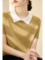 여름 라펠 반짝이 실크 디자인 반팔 니트 티셔츠 여성용 새로운 루즈 하이엔드 아이스 실크 탑 - 이미지 2