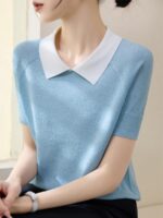여름 라펠 반짝이 실크 디자인 반팔 니트 티셔츠 여성용 새로운 루즈 하이엔드 아이스 실크 탑 - 이미지 3