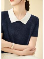 여름 라펠 반짝이 실크 디자인 반팔 니트 티셔츠 여성용 새로운 루즈 하이엔드 아이스 실크 탑 - 이미지 4