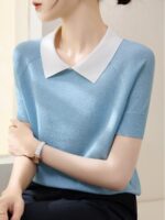 여름 라펠 반짝이 실크 디자인 반팔 니트 티셔츠 여성용 새로운 루즈 하이엔드 아이스 실크 탑 - 이미지 5