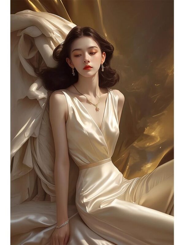 여성용 하이웨이스트 드레이프 샴페인 새틴 점프수트 2024년 여름 스몰 프래그런스 스타일 슬리브리스 점프수트 와이드 레그 팬츠 슈트