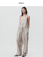 CLEANFLOW | 여성용 헤비 실크 송버드 자카드 삼보 새틴 서스펜더 점프수트 (2025년 신상품)