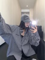 페이차이 가을 신상품 미국 니치 실루엣 긴팔 셔츠 오버사이즈 루즈 자수 스트라이프 셔츠 여성 트렌드 - 이미지 3