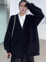 베이지색 루즈한 레이지 스타일 V넥 스웨터 카디건 여성 초봄 한국 버전 단색 다용도 중간 길이 니트 재킷 - 이미지 5