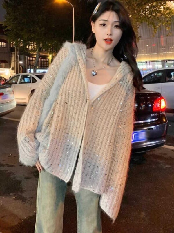 밀크푸푸 소프트 레이지 스웨터 카디건 여성 가을 ​​겨울 신상 디자인 루즈 미디 길이 후드 니트 탑