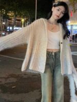 밀크푸푸 소프트 레이지 스웨터 카디건 여성 가을 ​​겨울 신상 디자인 루즈 미디 길이 후드 니트 탑 - 이미지 2