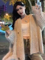 밀크푸푸 소프트 레이지 스웨터 카디건 여성 가을 ​​겨울 신상 디자인 루즈 미디 길이 후드 니트 탑 - 이미지 3