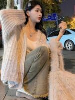 밀크푸푸 소프트 레이지 스웨터 카디건 여성 가을 ​​겨울 신상 디자인 루즈 미디 길이 후드 니트 탑 - 이미지 4