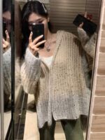 밀크푸푸 소프트 레이지 스웨터 카디건 여성 가을 ​​겨울 신상 디자인 루즈 미디 길이 후드 니트 탑 - 이미지 5