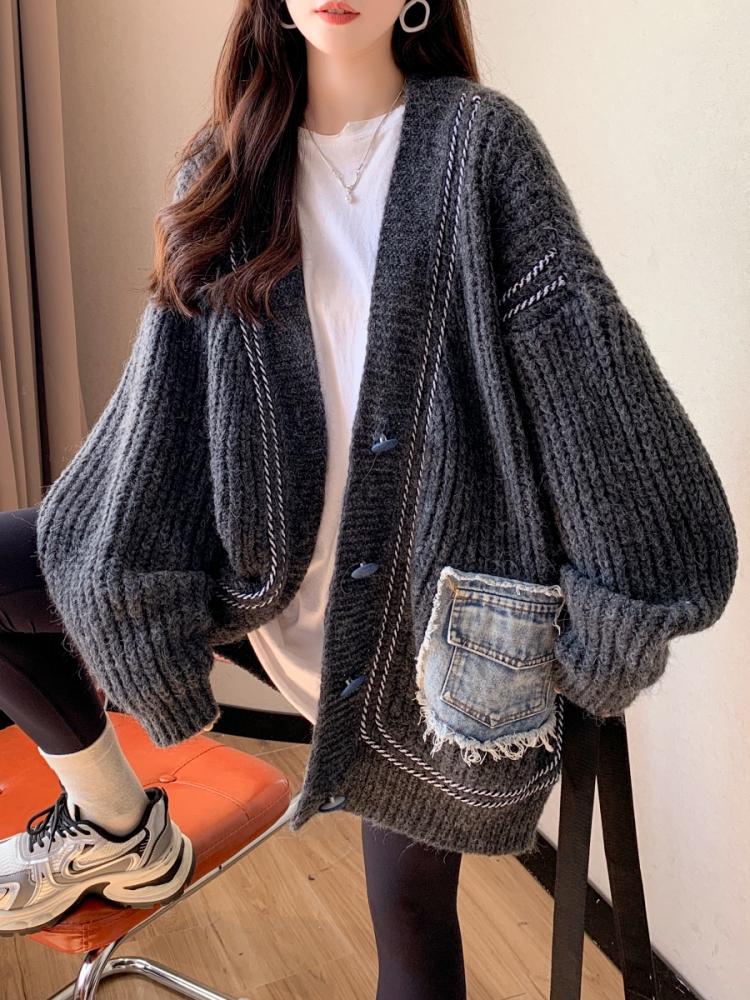 main_824688849038_0 플러스 사이즈 여성 의류 2024 가을/겨울 신상품 뚱뚱한 mm 느슨한 레이지 스타일 스웨터 재킷 여성용 두꺼운 니트 카디건 상의 - 이미지 1