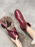 겨울 라운드 투 퍼 통합 여성용 부츠 따뜻하고 두꺼운 와인 레드 울 짧은 부츠 여성 두꺼운 바닥 북동부 면화 신발 - 이미지 5