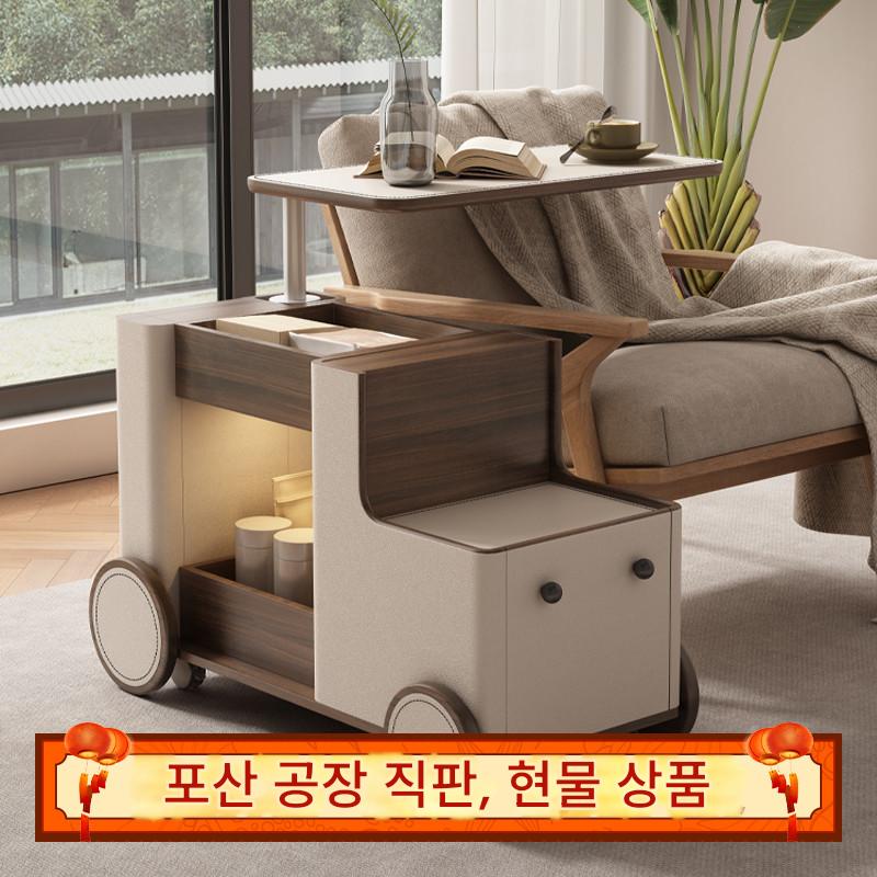 main_833877736989_0 이탈리아산 호두 안장 가죽 모바일 커피 테이블 트롤리 거실 다기능 서랍 소파 리프팅 사이드 테이블 - 이미지 1