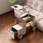 이탈리아산 호두 안장 가죽 모바일 커피 테이블 트롤리 거실 다기능 서랍 소파 리프팅 사이드 테이블 - 이미지 2