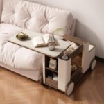 이탈리아산 호두 안장 가죽 모바일 커피 테이블 트롤리 거실 다기능 서랍 소파 리프팅 사이드 테이블 - 이미지 4