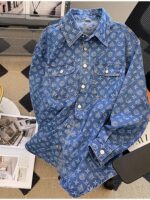 여성용 미국 레트로 프린트 데님 재킷 2025년 봄/가을 신상품 여성용 루즈 캐주얼 셔츠 라펠 긴팔 상의