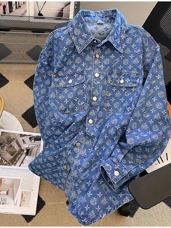 여성용 미국 레트로 프린트 데님 재킷 2025년 봄/가을 신상품 여성용 루즈 캐주얼 셔츠 라펠 긴팔 상의