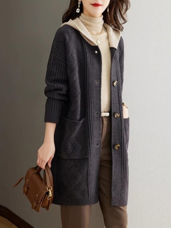 가을 후드 니트 가디건 여성 중간 길이 2024년 신상품 가을 겨울 루즈 아우터웨어 울 스웨터 코트