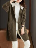 가을 후드 니트 가디건 여성 중간 길이 2024년 신상품 가을 겨울 루즈 아우터웨어 울 스웨터 코트 - 이미지 2