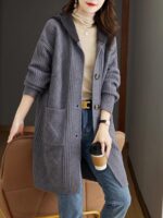 가을 후드 니트 가디건 여성 중간 길이 2024년 신상품 가을 겨울 루즈 아우터웨어 울 스웨터 코트 - 이미지 3