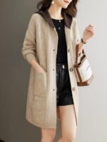 가을 후드 니트 가디건 여성 중간 길이 2024년 신상품 가을 겨울 루즈 아우터웨어 울 스웨터 코트 - 이미지 4