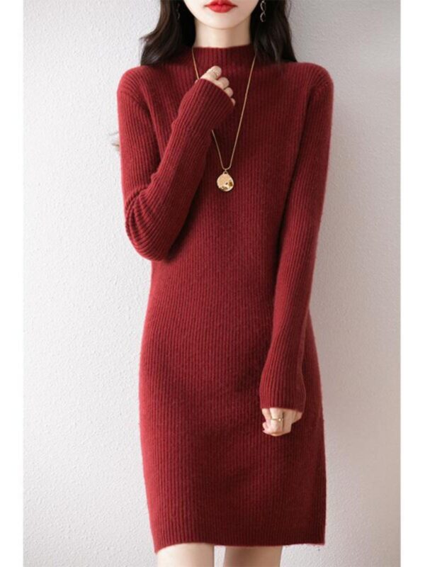 니트 원피스, 부드럽고 몸에 꼭 맞는 스웨터, 중간 길이, 반 높이 칼라, 여성용 100% 순수 울 힙 스커트