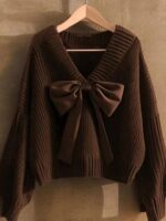여성 가을 ​​커피 컬러 V넥 나비넥 풀오버 스웨터 유럽산 고급 루즈 레이지 니트 스웨터 탑