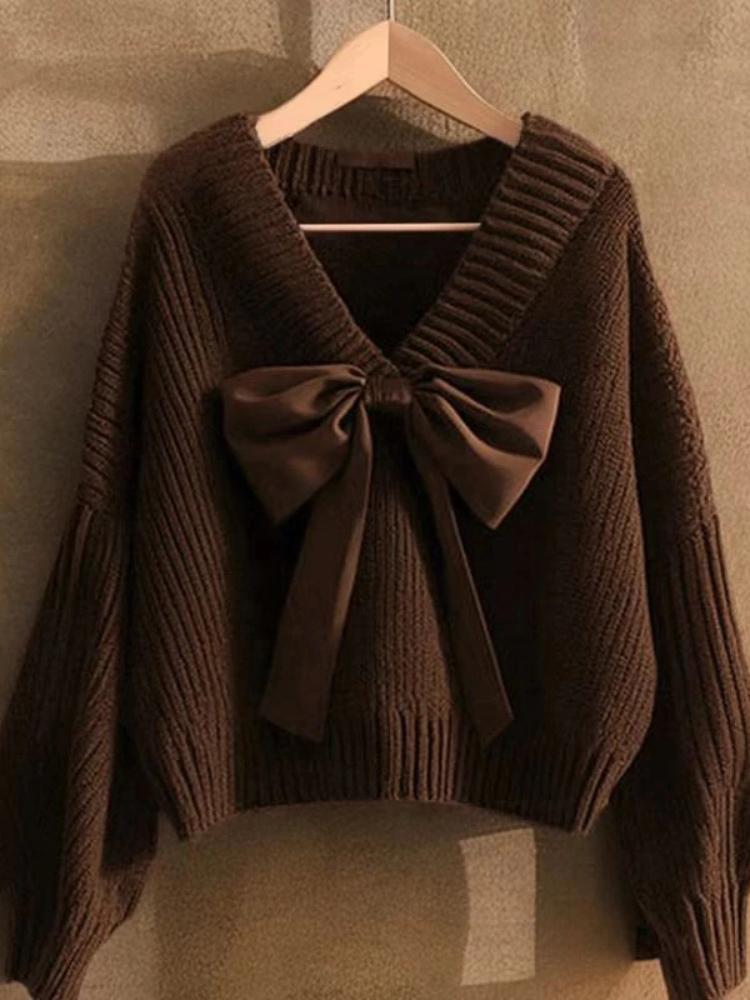 main_844411428727_0 여성 가을 커피 컬러 V넥 나비넥 풀오버 스웨터 유럽산 고급 루즈 레이지 니트 스웨터 탑 - 이미지 1