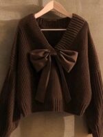 여성 가을 ​​커피 컬러 V넥 나비넥 풀오버 스웨터 유럽산 고급 루즈 레이지 니트 스웨터 탑 - 이미지 3