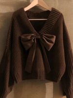 여성 가을 ​​커피 컬러 V넥 나비넥 풀오버 스웨터 유럽산 고급 루즈 레이지 니트 스웨터 탑 - 이미지 4