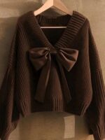 여성 가을 ​​커피 컬러 V넥 나비넥 풀오버 스웨터 유럽산 고급 루즈 레이지 니트 스웨터 탑 - 이미지 5