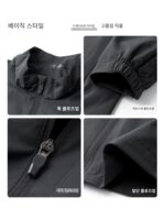 코튼 느낌의 블랙 테크놀로지 소재! 남성용 다크 그레이 스탠드업 칼라 지퍼 재킷, 여성용 방수, 통기성, 땀 흡수 재킷 (가을용) - 이미지 4