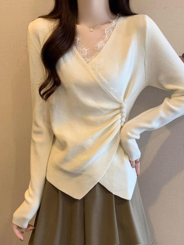 가을, 겨울 여성용 빅사이즈 스타일리쉬 V넥 레이스 스티칭 바텀 스웨터 배와 허리를 가려 날씬해 보이는 니트 탑