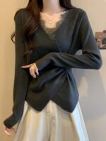 가을, 겨울 여성용 빅사이즈 스타일리쉬 V넥 레이스 스티칭 바텀 스웨터 배와 허리를 가려 날씬해 보이는 니트 탑 - 이미지 2