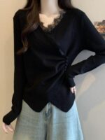 가을, 겨울 여성용 빅사이즈 스타일리쉬 V넥 레이스 스티칭 바텀 스웨터 배와 허리를 가려 날씬해 보이는 니트 탑 - 이미지 4