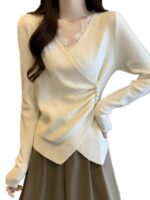 가을, 겨울 여성용 빅사이즈 스타일리쉬 V넥 레이스 스티칭 바텀 스웨터 배와 허리를 가려 날씬해 보이는 니트 탑 - 이미지 5