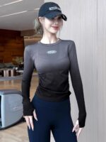 KAYANTY 가을과 겨울 라운드넥 스포츠 탑 여성용, 점진적 슬리밍 요가복, 고탄력 러닝 트레이닝 및 피트니스 긴팔 - 이미지 3