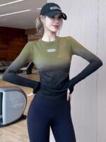 KAYANTY 가을과 겨울 라운드넥 스포츠 탑 여성용, 점진적 슬리밍 요가복, 고탄력 러닝 트레이닝 및 피트니스 긴팔 - 이미지 5