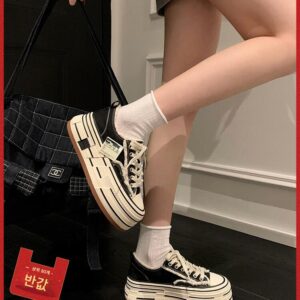 "Uncle Wen" 스톡홀름 ~ Beggar Shoes 2025 봄 신상 두꺼운 밑창 캔버스 신발 캐주얼 플랫폼 신발 여성