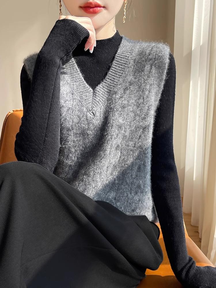 main_886065727917_0 가을 겨울 신상품 심플 패션 V넥 트위스트 울 니트 여성 조끼 조끼 루즈 캐시미어 웨이스트 스웨터 - 이미지 1