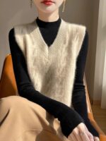 가을 겨울 신상품 심플 패션 V넥 트위스트 울 니트 여성 조끼 조끼 루즈 캐시미어 웨이스트 스웨터 - 이미지 2
