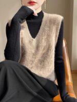 가을 겨울 신상품 심플 패션 V넥 트위스트 울 니트 여성 조끼 조끼 루즈 캐시미어 웨이스트 스웨터 - 이미지 3