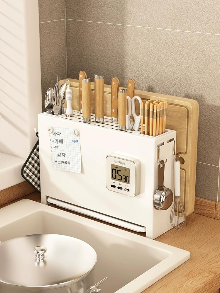 main_893332170231_0 주방 칼꽂이 다기능 조리대 도마 도마 젓가락 젓가락 꽂이 통합 수납 배수구 칼꽂이 벽면 장착 - 이미지 1