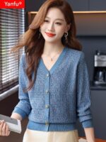 얀푸 100% 울 스웨터 여성 가을 ​​신상품 V넥 니트 카디건 숏 스웨터 재킷 패셔너블 아우터 탑