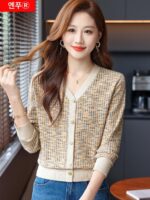 얀푸 100% 울 스웨터 여성 가을 ​​신상품 V넥 니트 카디건 숏 스웨터 재킷 패셔너블 아우터 탑 - 이미지 2