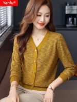 얀푸 100% 울 스웨터 여성 가을 ​​신상품 V넥 니트 카디건 숏 스웨터 재킷 패셔너블 아우터 탑 - 이미지 4